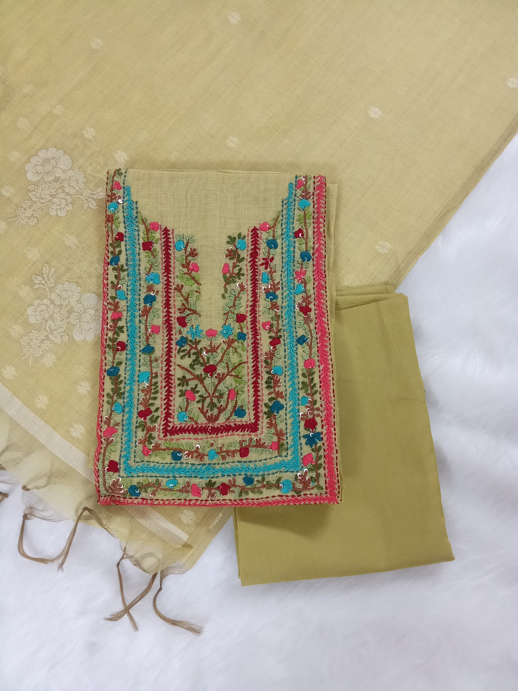 Yellowish-Green Jamdani Silk Salwar Kameez Suit with Hand-Embroidered Floral Neckline
