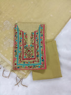 Yellowish-Green Jamdani Silk Salwar Kameez Suit with Hand-Embroidered Floral Neckline