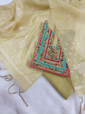 Yellowish-Green Jamdani Silk Salwar Kameez Suit with Hand-Embroidered Floral Neckline