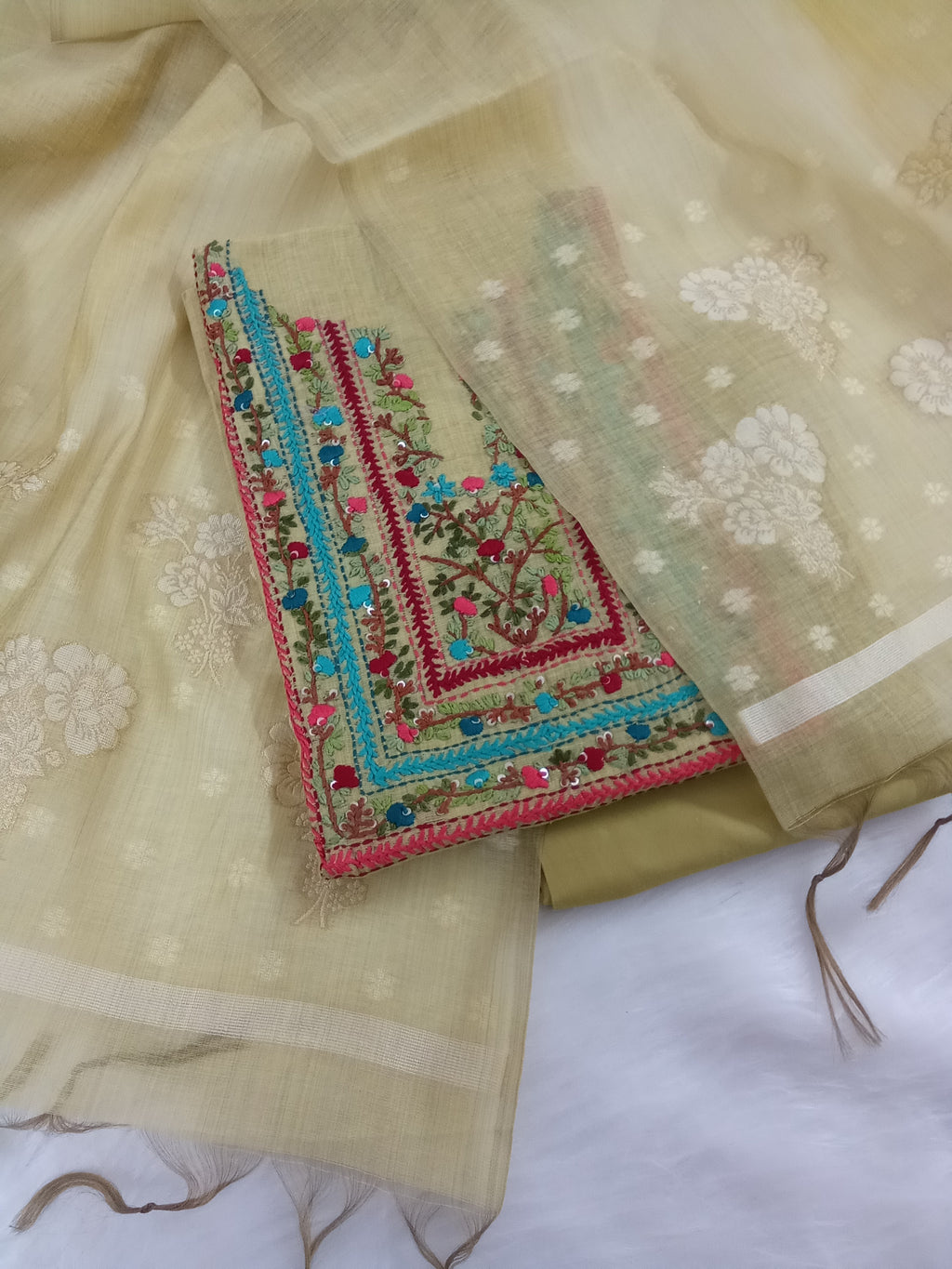 Yellowish-Green Jamdani Silk Salwar Kameez Suit with Hand-Embroidered Floral Neckline