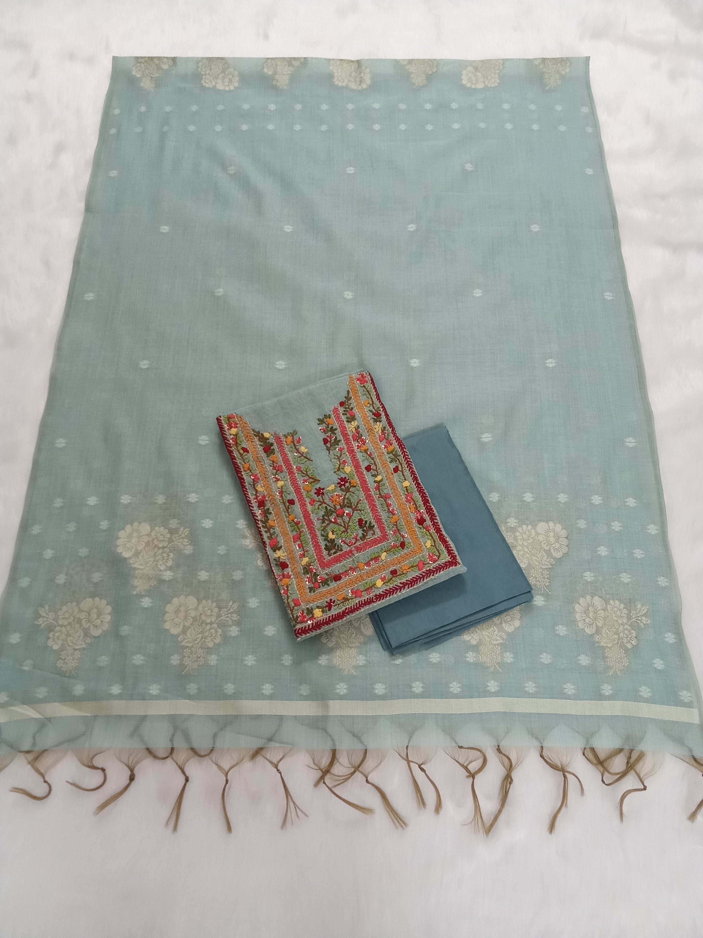 Mint-Green Jamdani Silk Salwar Kameez Suit with Hand-Embroidered Floral Neckline