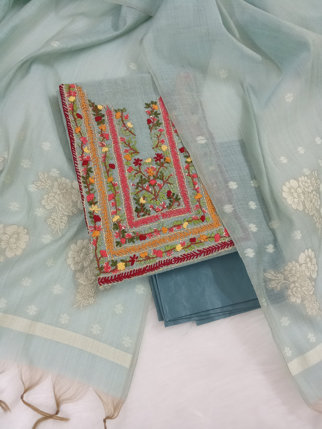 Mint-Green Jamdani Silk Salwar Kameez Suit with Hand-Embroidered Floral Neckline