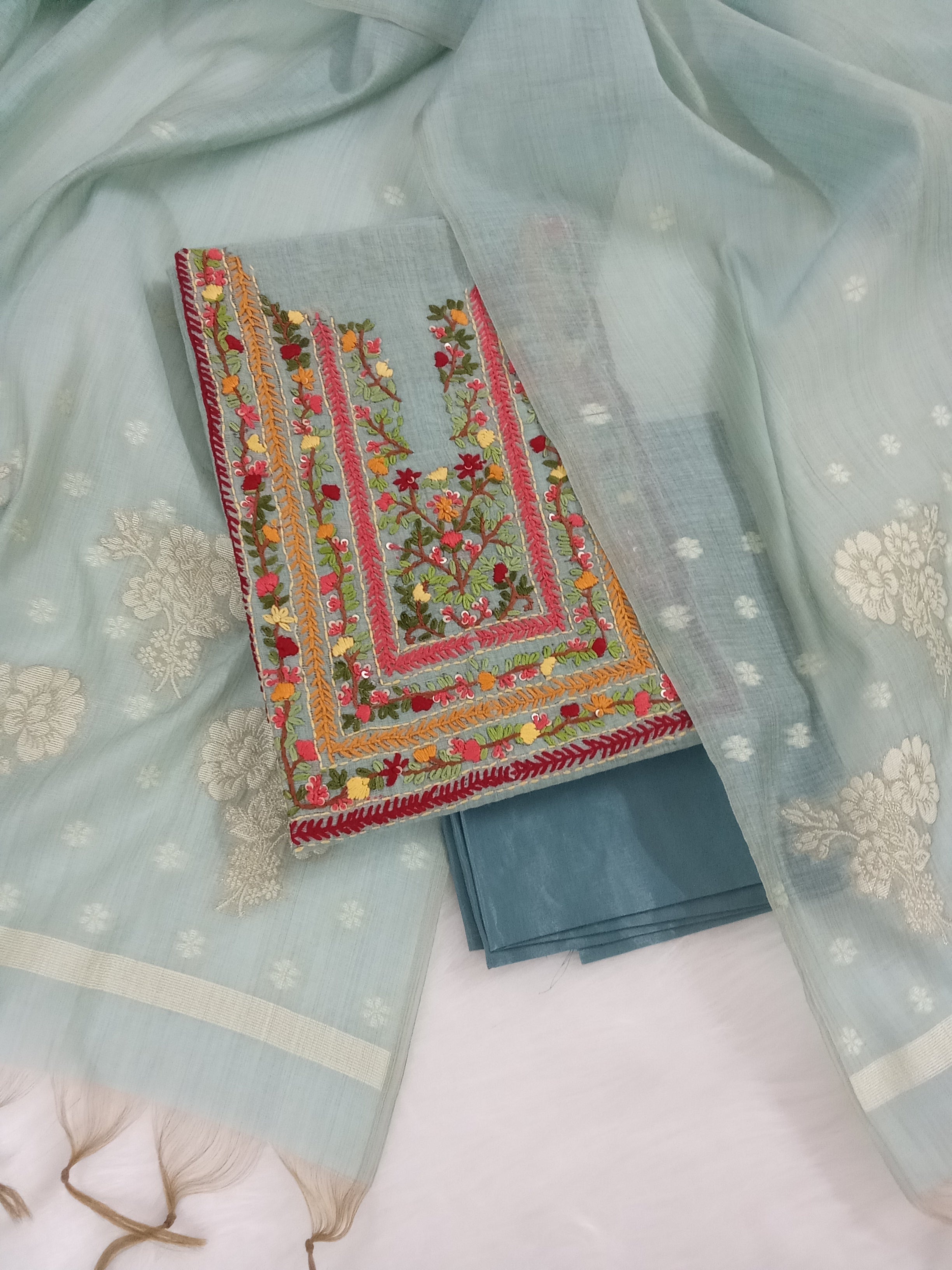 Mint-Green Jamdani Silk Salwar Kameez Suit with Hand-Embroidered Floral Neckline