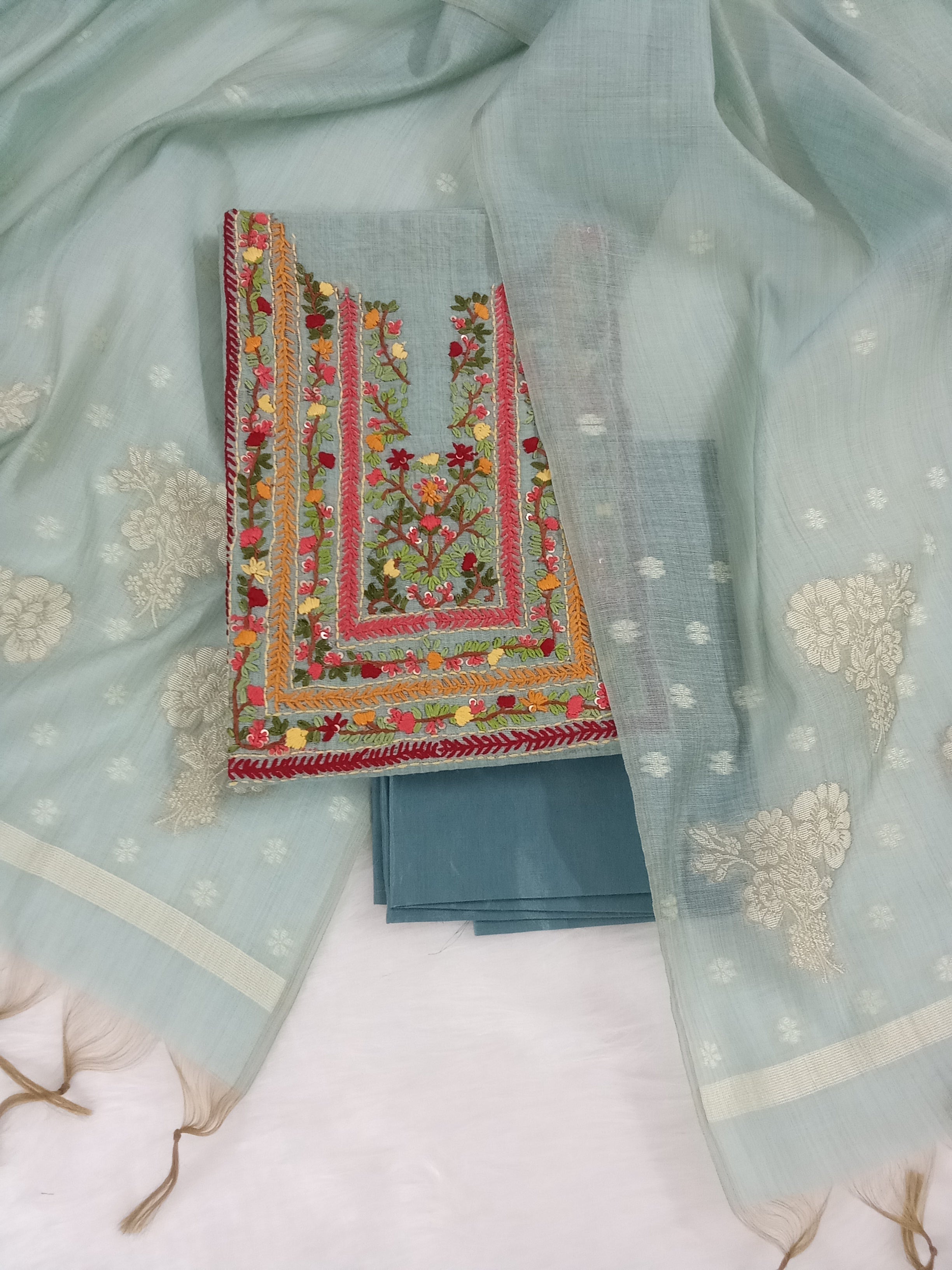 Mint-Green Jamdani Silk Salwar Kameez Suit with Hand-Embroidered Floral Neckline
