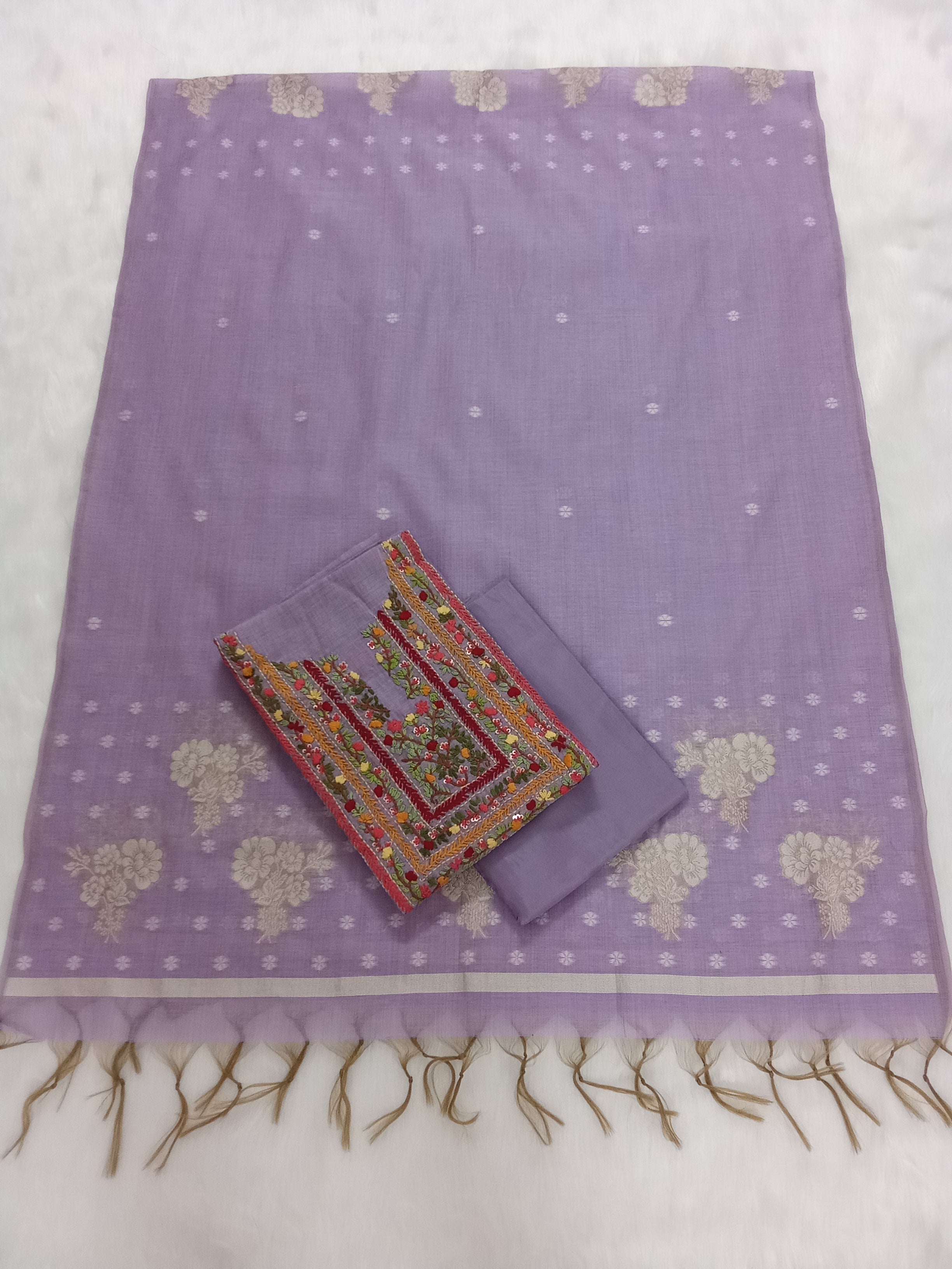 Purple Jamdani Silk Salwar Kameez Suit with Hand-Embroidered Floral Neckline