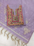 Purple Jamdani Silk Salwar Kameez Suit with Hand-Embroidered Floral Neckline