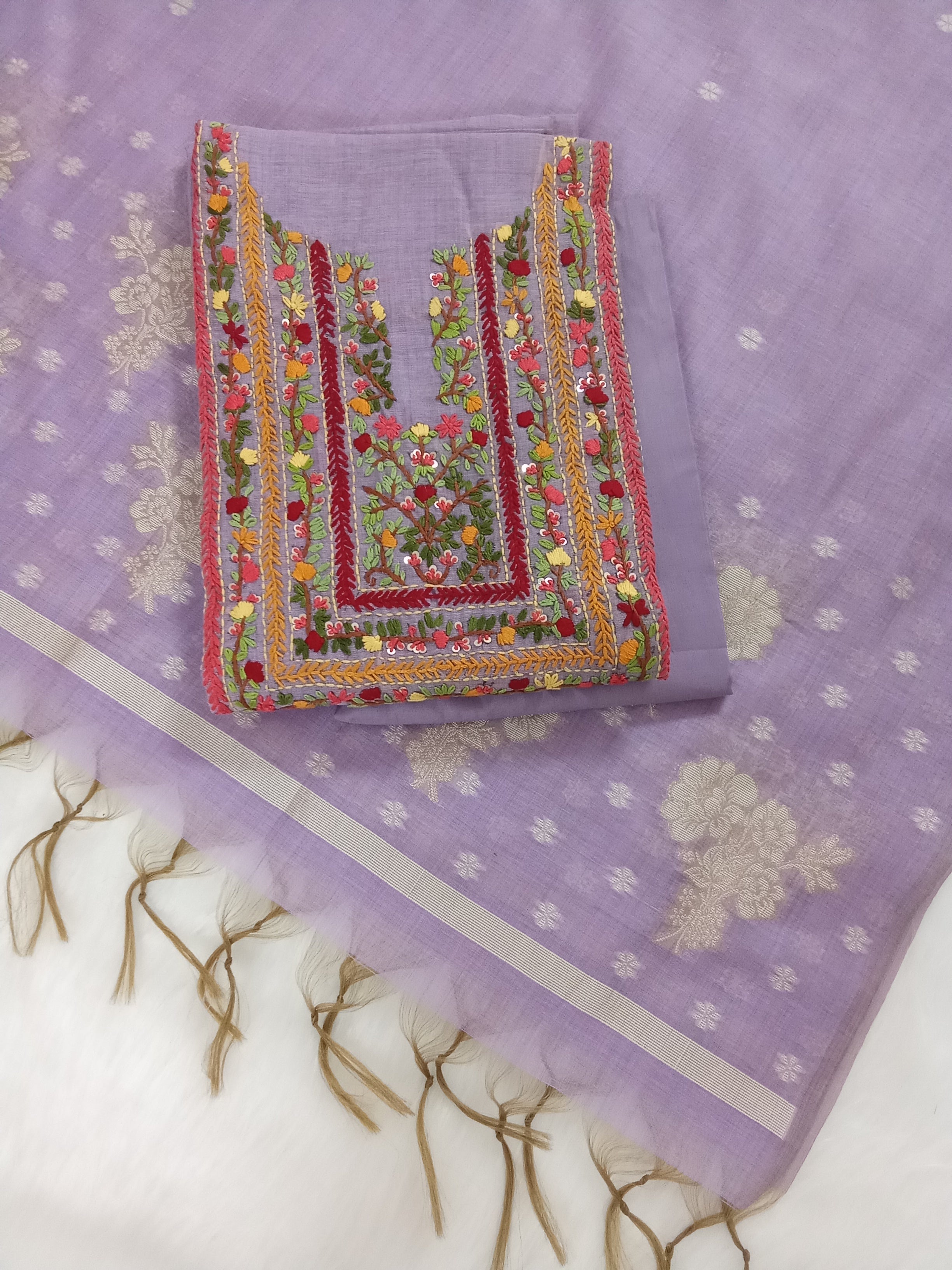 Purple Jamdani Silk Salwar Kameez Suit with Hand-Embroidered Floral Neckline