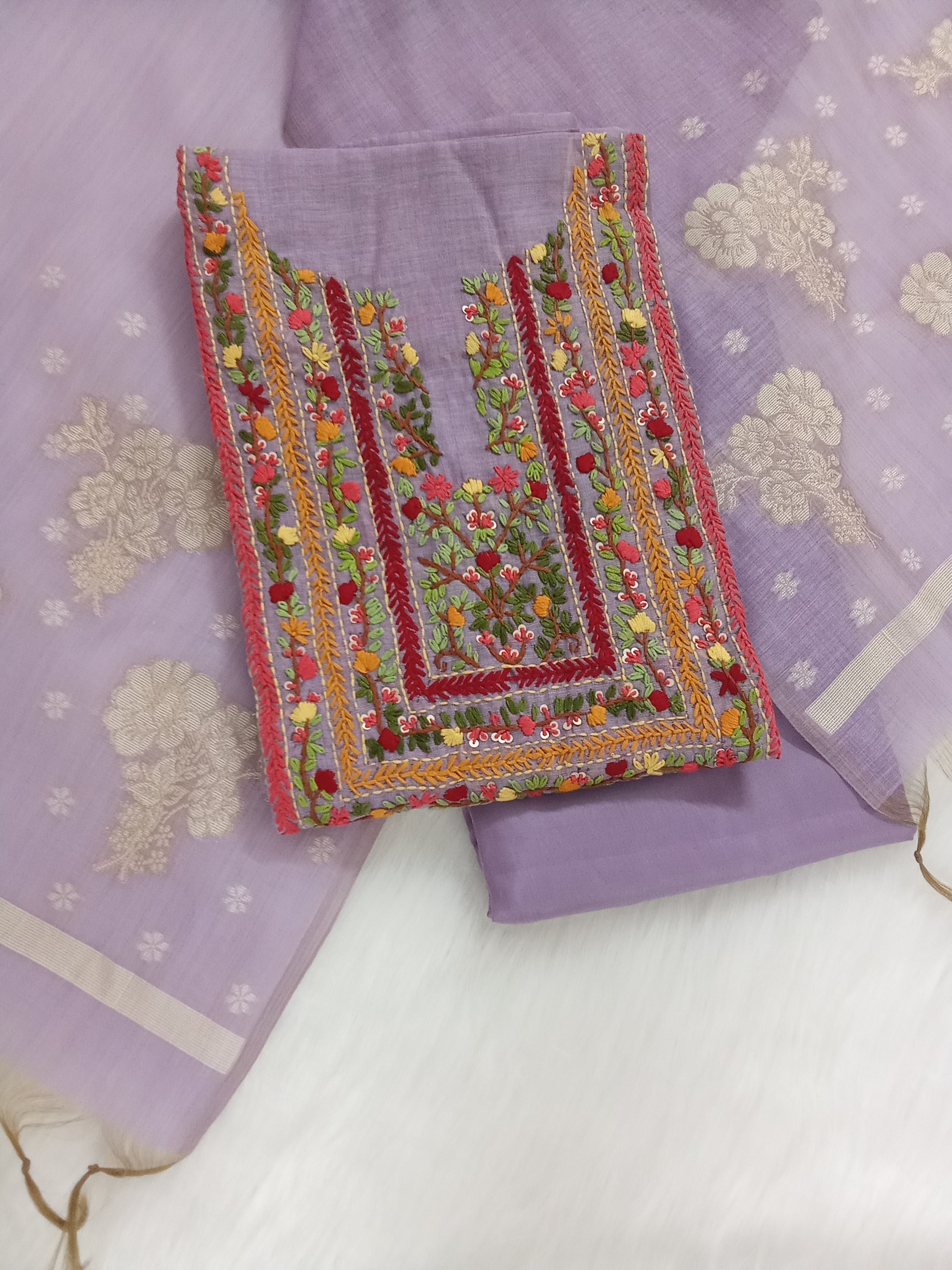 Purple Jamdani Silk Salwar Kameez Suit with Hand-Embroidered Floral Neckline