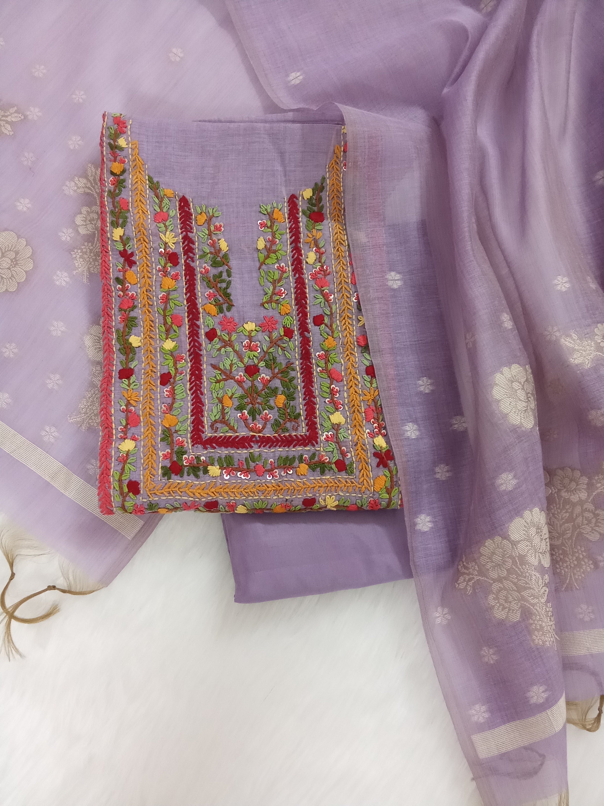 Purple Jamdani Silk Salwar Kameez Suit with Hand-Embroidered Floral Neckline