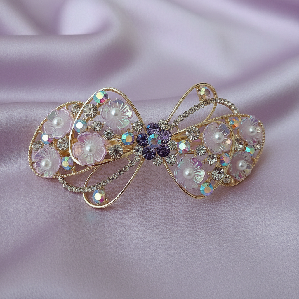 Gold-tone lavender floral bow barrette hair clip with pearls and crystal embellishments by Ladylike Accoutre.