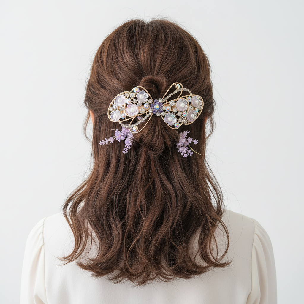Gold-Tone Lavender Floral Bow Barrette – Pearl & Crystal Hair Clip
