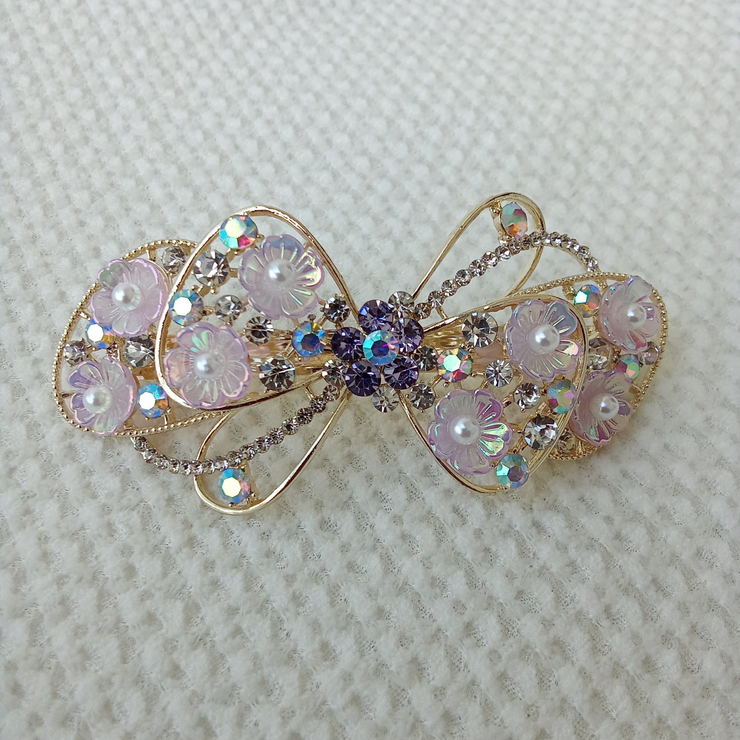 Gold-Tone Lavender Floral Bow Barrette – Pearl & Crystal Hair Clip