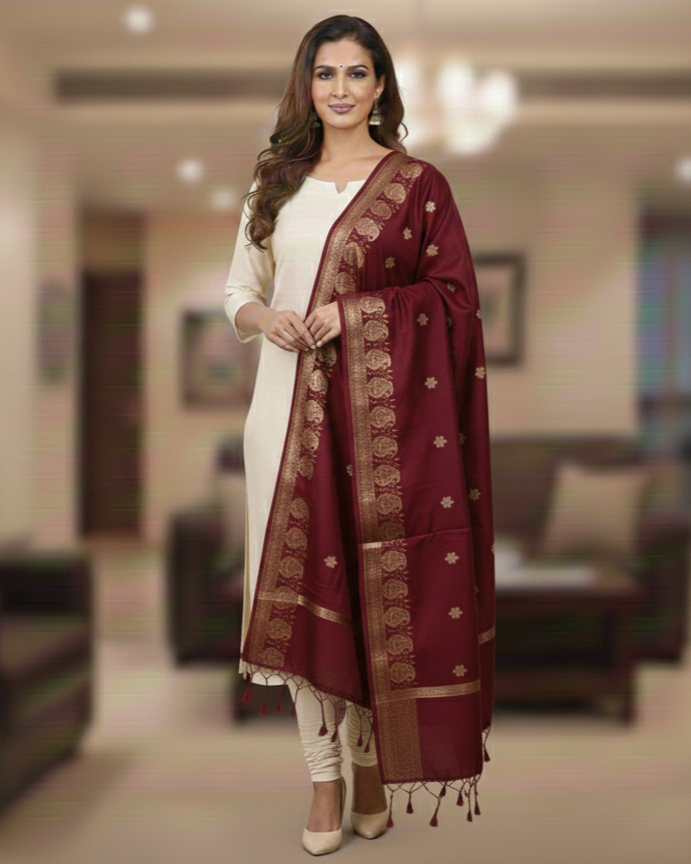 A model in cream salwar kameez wearing a Banarasi-inspired Dark Maroon Art Silk Dupatta with Tassels by Ladylike Accoutre, displayed on a clean white background. Features gold zari butti floral motifs and an intricate paisley border.