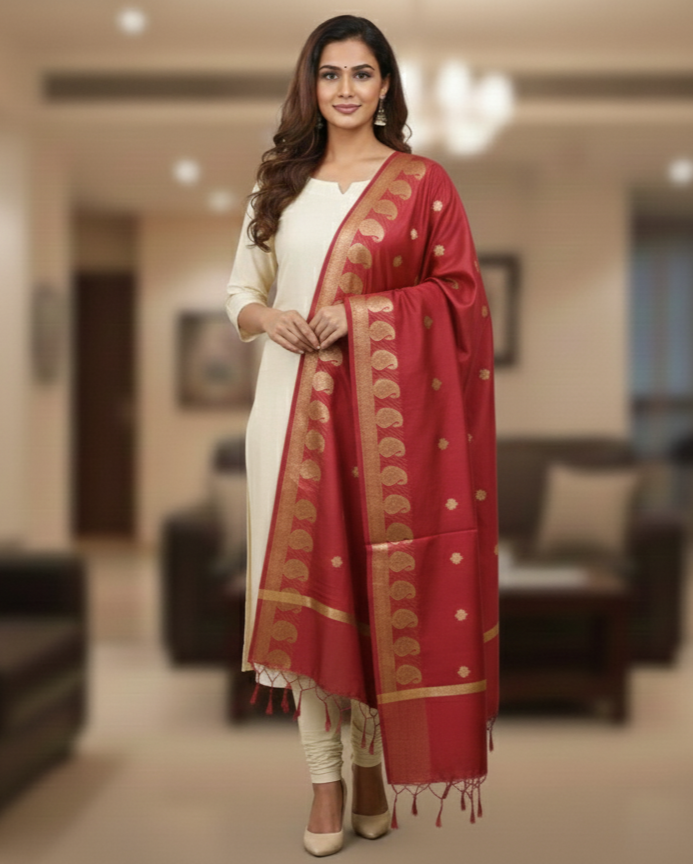 A model in cream salwar kameez wearing a Banarasi-inspired Dark Red Art Silk Dupatta with Tassels by Ladylike Accoutre, displayed on a clean white background. Features gold zari butti floral motifs and an intricate paisley border.