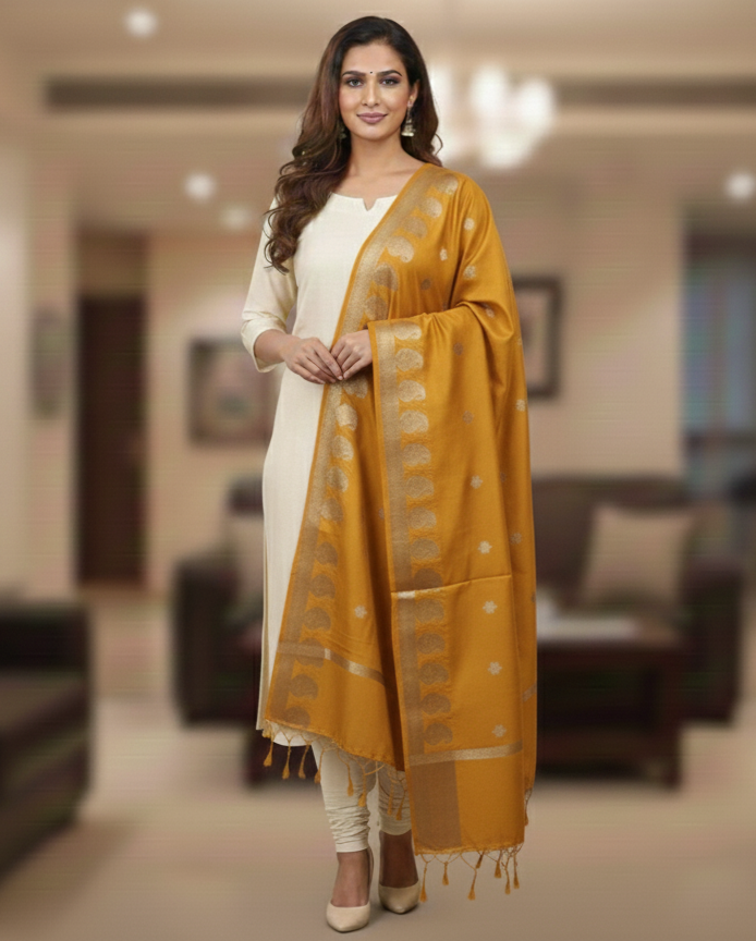 A model in cream salwar kameez wearing a Banarasi-inspired Mustard Art Silk Dupatta with Tassels by Ladylike Accoutre, displayed on a clean white background. Features gold zari butti floral motifs and an intricate paisley border.