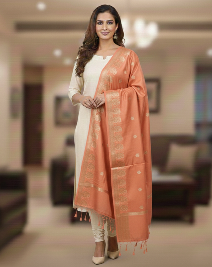 A model in cream salwar kameez wearing a Banarasi-inspired Peach Art Silk Dupatta with Tassels by Ladylike Accoutre, displayed on a clean white background. Features gold zari butti floral motifs and an intricate paisley border.