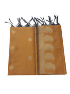 A Banarasi-inspired Mustard Art Silk Dupatta with Tassels by Ladylike Accoutre, displayed on a clean white background. Features gold zari butti floral motifs and an intricate paisley border.