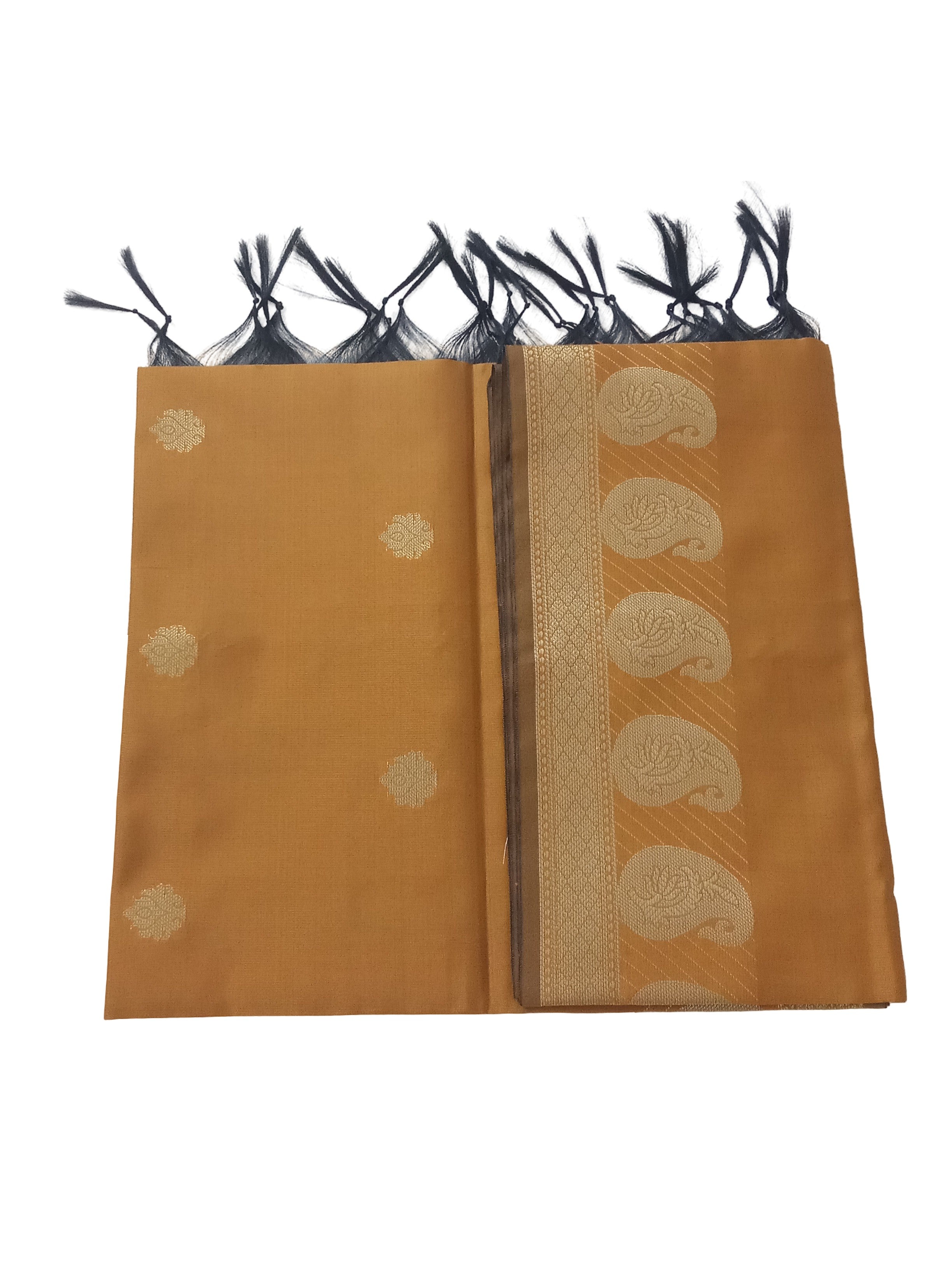 A Banarasi-inspired Mustard Art Silk Dupatta with Tassels by Ladylike Accoutre, displayed on a clean white background. Features gold zari butti floral motifs and an intricate paisley border.