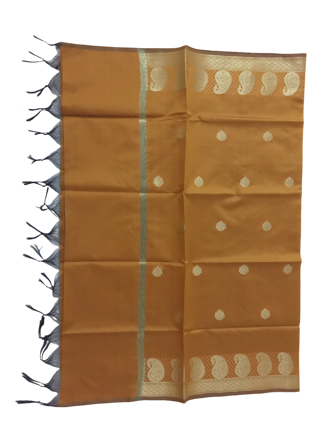 A Banarasi-inspired Mustard Art Silk Dupatta with Tassels by Ladylike Accoutre, displayed on a clean white background. Features gold zari butti floral motifs and an intricate paisley border.