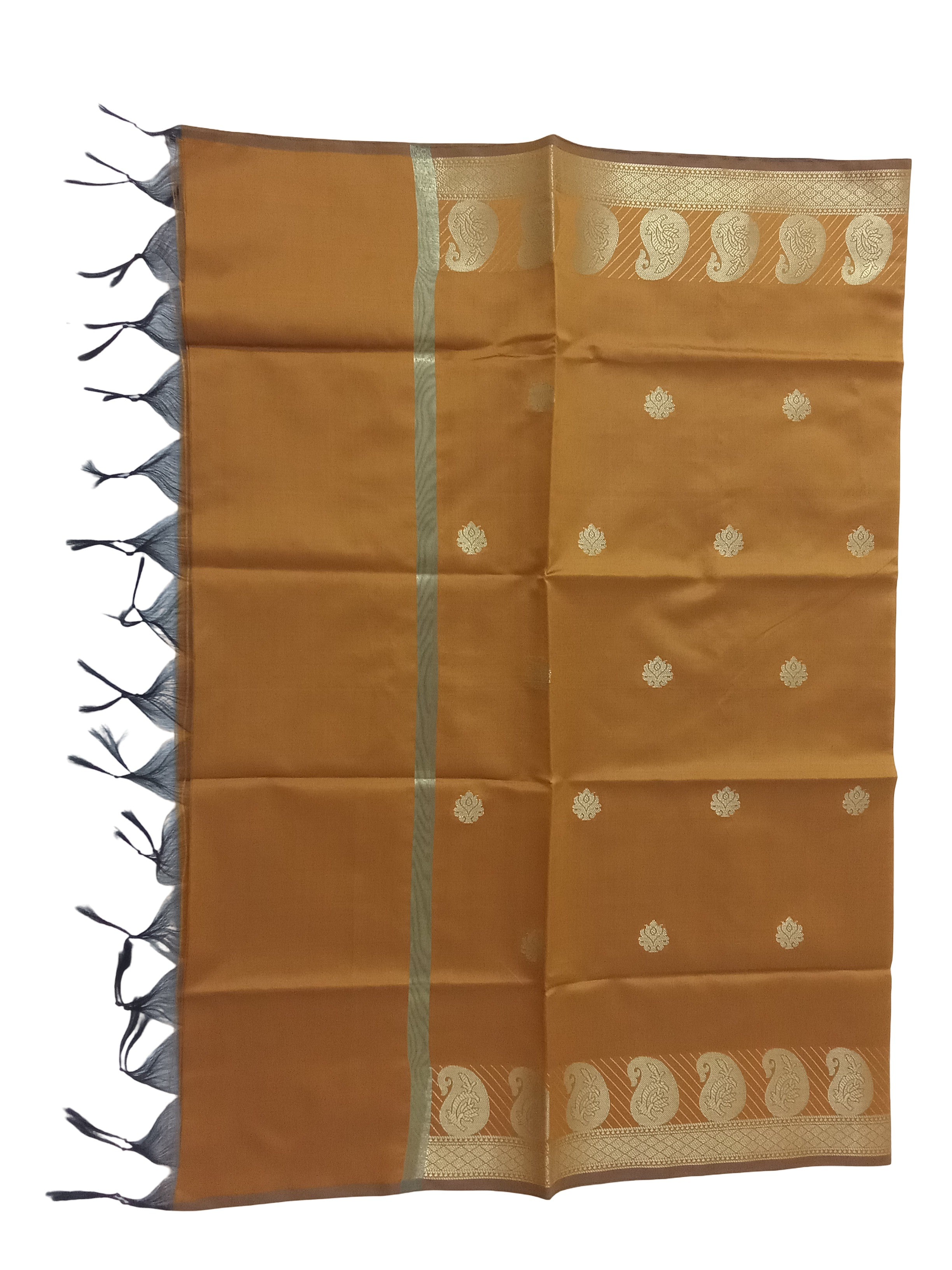 A Banarasi-inspired Mustard Art Silk Dupatta with Tassels by Ladylike Accoutre, displayed on a clean white background. Features gold zari butti floral motifs and an intricate paisley border.