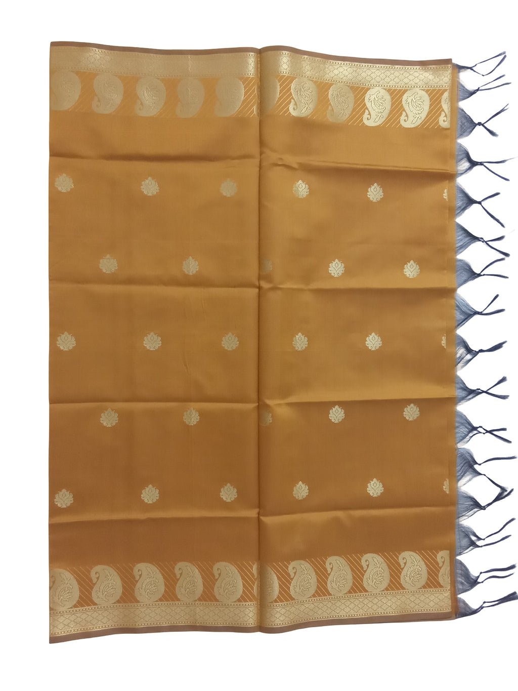 A Banarasi-inspired Mustard Art Silk Dupatta with Tassels by Ladylike Accoutre, displayed on a clean white background. Features gold zari butti floral motifs and an intricate paisley border.