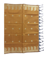 A Banarasi-inspired Mustard Art Silk Dupatta with Tassels by Ladylike Accoutre, displayed on a clean white background. Features gold zari butti floral motifs and an intricate paisley border.