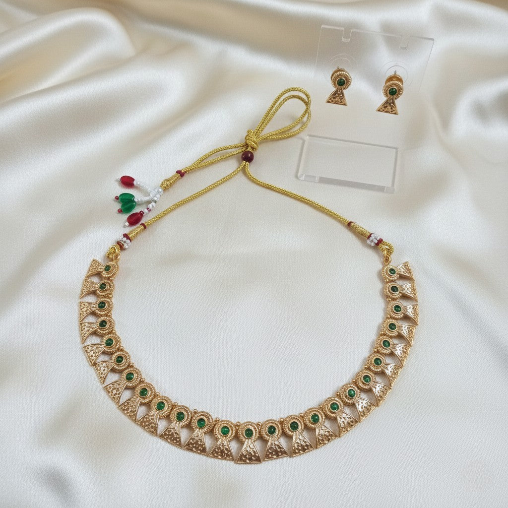 Elegant Gold-Tone Traditional Emerald-Green Stone Choker Necklace Set with Matching Earrings by Ladylike Accoutre