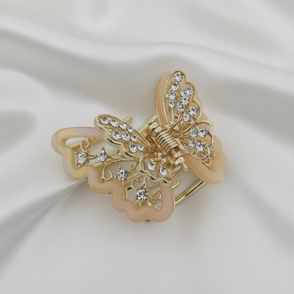 Gold-Tone Orange Butterfly Hair Claw Clip. Featuring translucent resin wings and sparkling crystals curated by Ladylike Accoutre.