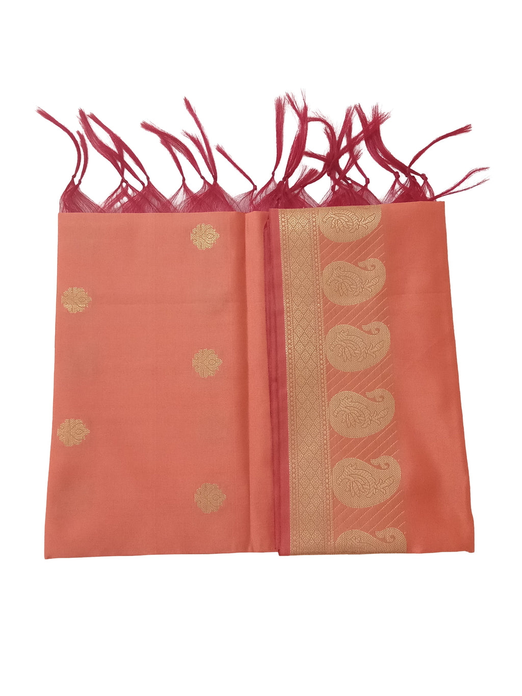 A Banarasi-inspired Peach Art Silk Dupatta with Tassels by Ladylike Accoutre, displayed on a clean white background. Features gold zari butti floral motifs and an intricate paisley border.