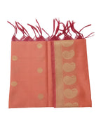 A Banarasi-inspired Peach Art Silk Dupatta with Tassels by Ladylike Accoutre, displayed on a clean white background. Features gold zari butti floral motifs and an intricate paisley border.