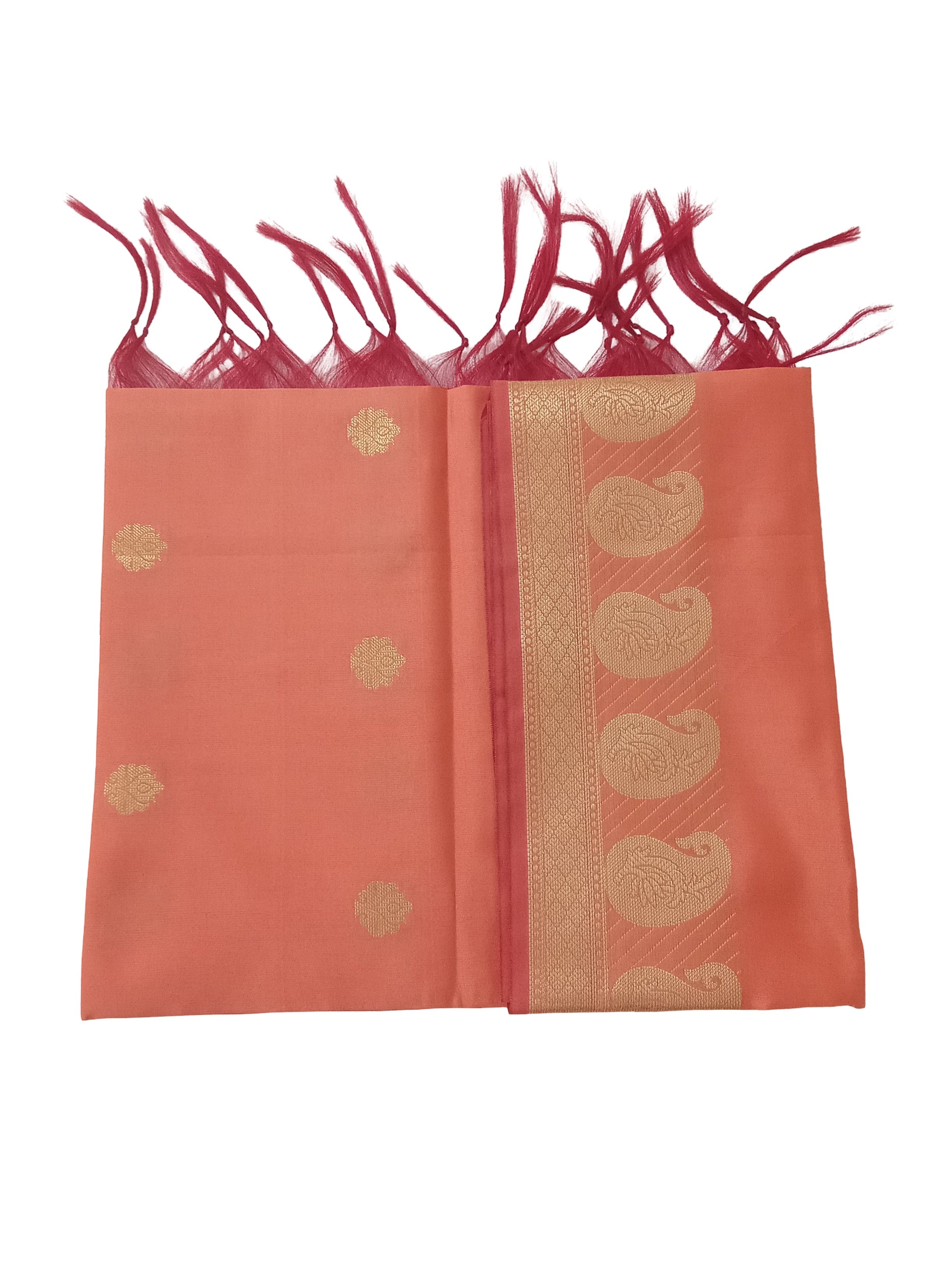 A Banarasi-inspired Peach Art Silk Dupatta with Tassels by Ladylike Accoutre, displayed on a clean white background. Features gold zari butti floral motifs and an intricate paisley border.