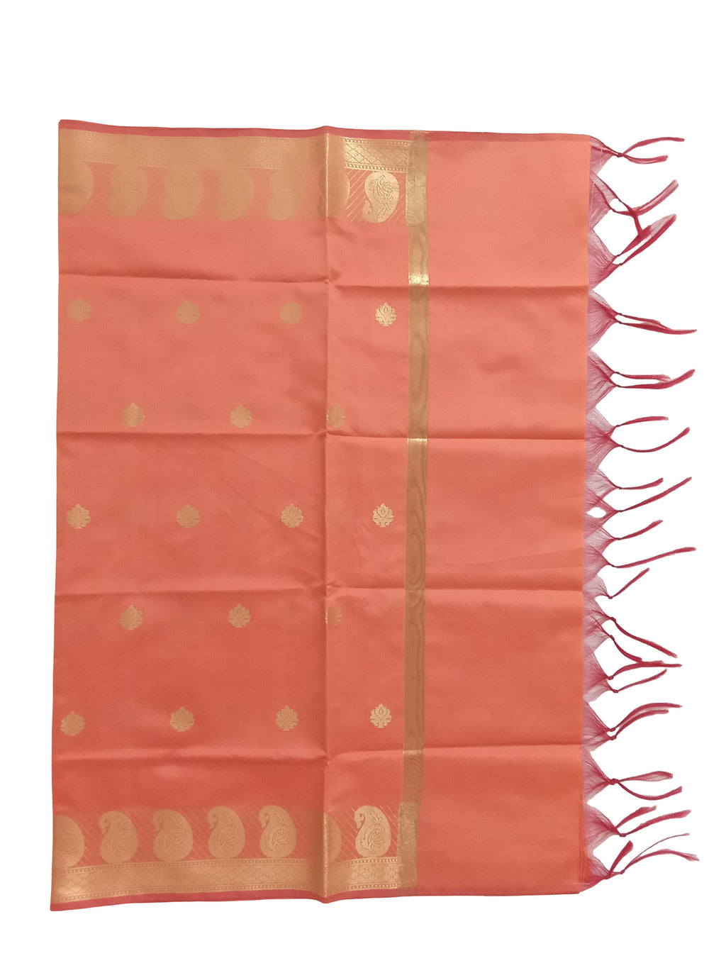 A Banarasi-inspired Peach Art Silk Dupatta with Tassels by Ladylike Accoutre, displayed on a clean white background. Features gold zari butti floral motifs and an intricate paisley border.