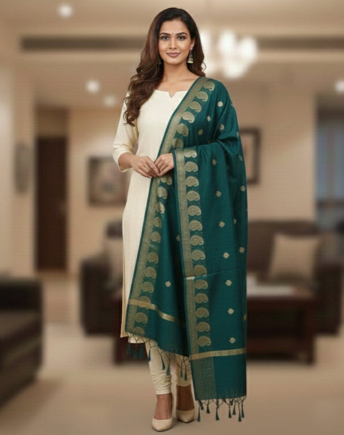 A model in cream salwar kameez wearing a Banarasi-inspired Peacock Green Art Silk Dupatta with Tassels by Ladylike Accoutre, displayed on a clean white background. Features gold zari butti floral motifs and an intricate paisley border.