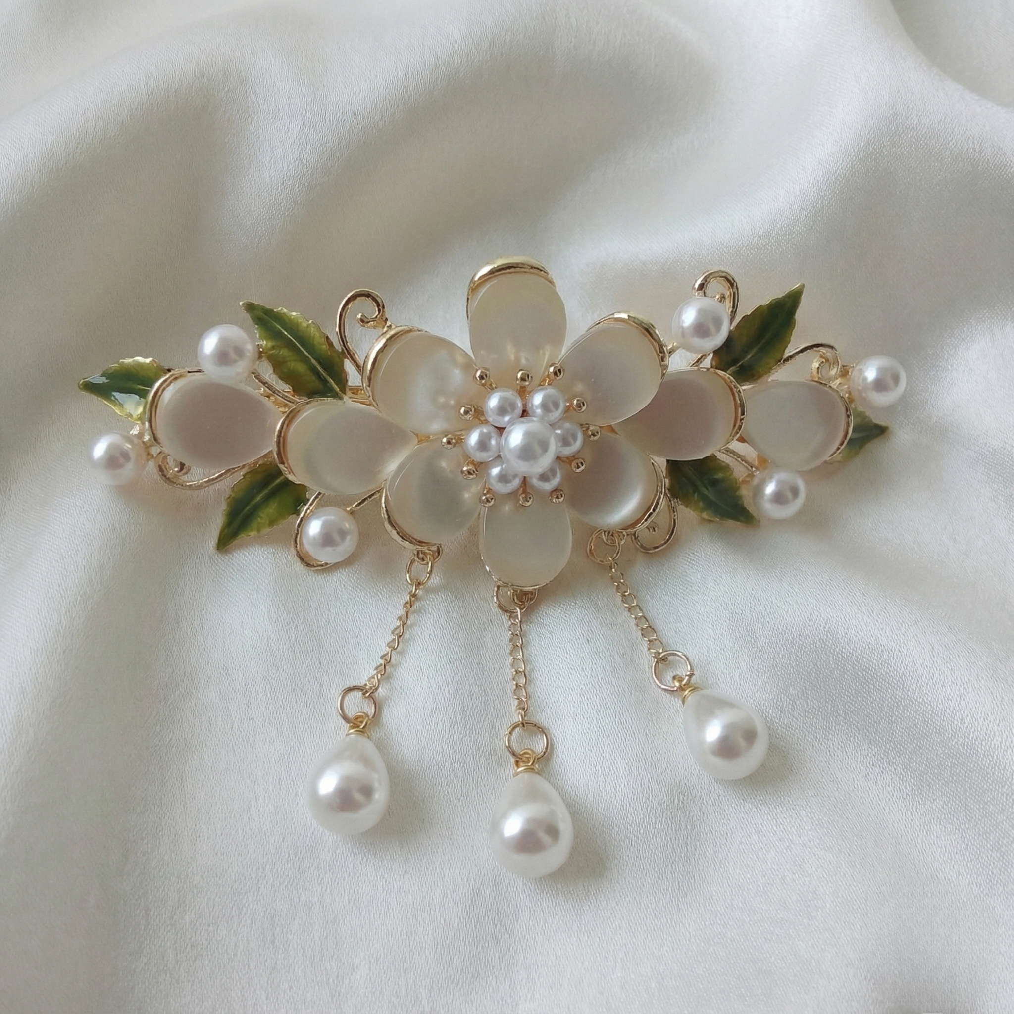 Gold-Tone Floral Hair Barrette with Cream Petals & Dangling White Pearls - Hair Clip