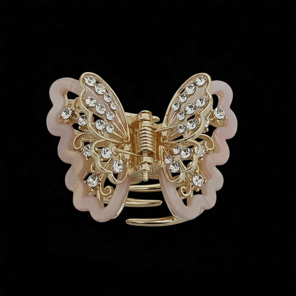 Gold-Tone Crystal Embellished Butterfly Hair Claw Clip – Pink