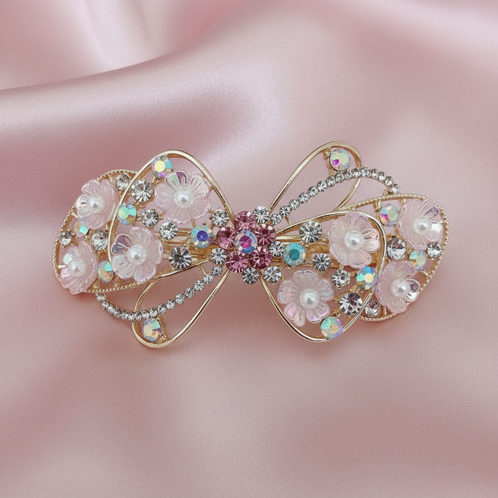 Gold-tone Pink floral bow barrette hair clip with pearls and crystal embellishments by Ladylike Accoutre.