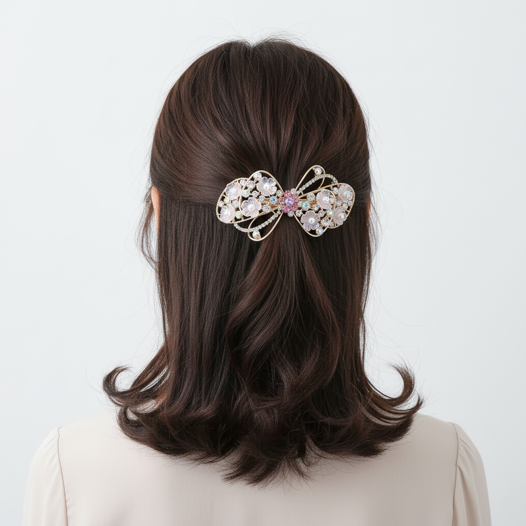 Gold-Tone Pink Floral Bow Barrette – Pearl & Crystal Hair Clip