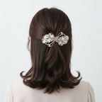 Gold-Tone Pink Floral Bow Barrette – Pearl & Crystal Hair Clip