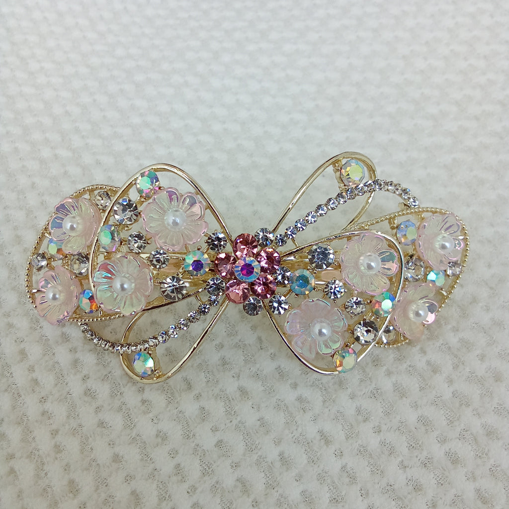 Gold-Tone Pink Floral Bow Barrette – Pearl & Crystal Hair Clip