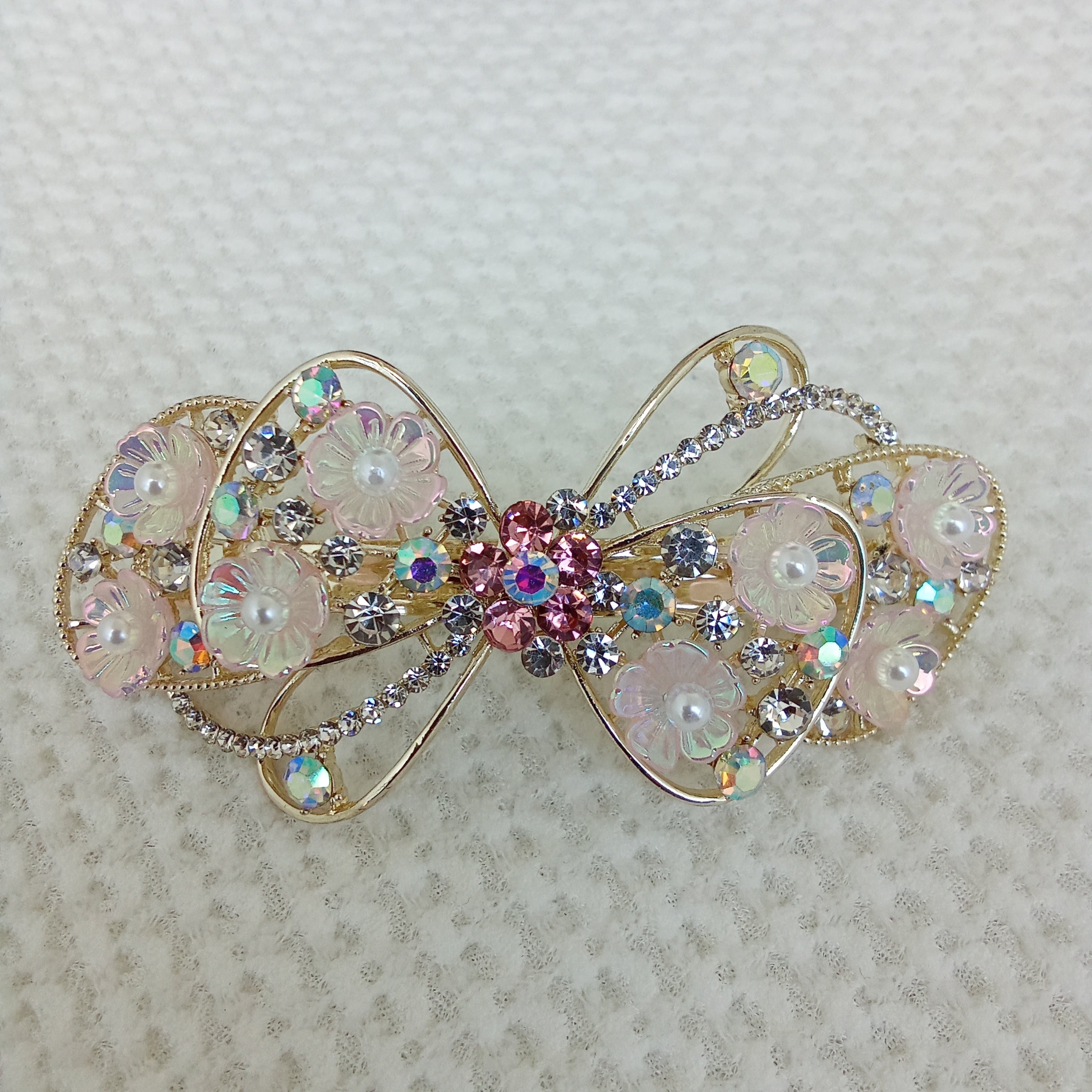 Gold-Tone Pink Floral Bow Barrette – Pearl & Crystal Hair Clip