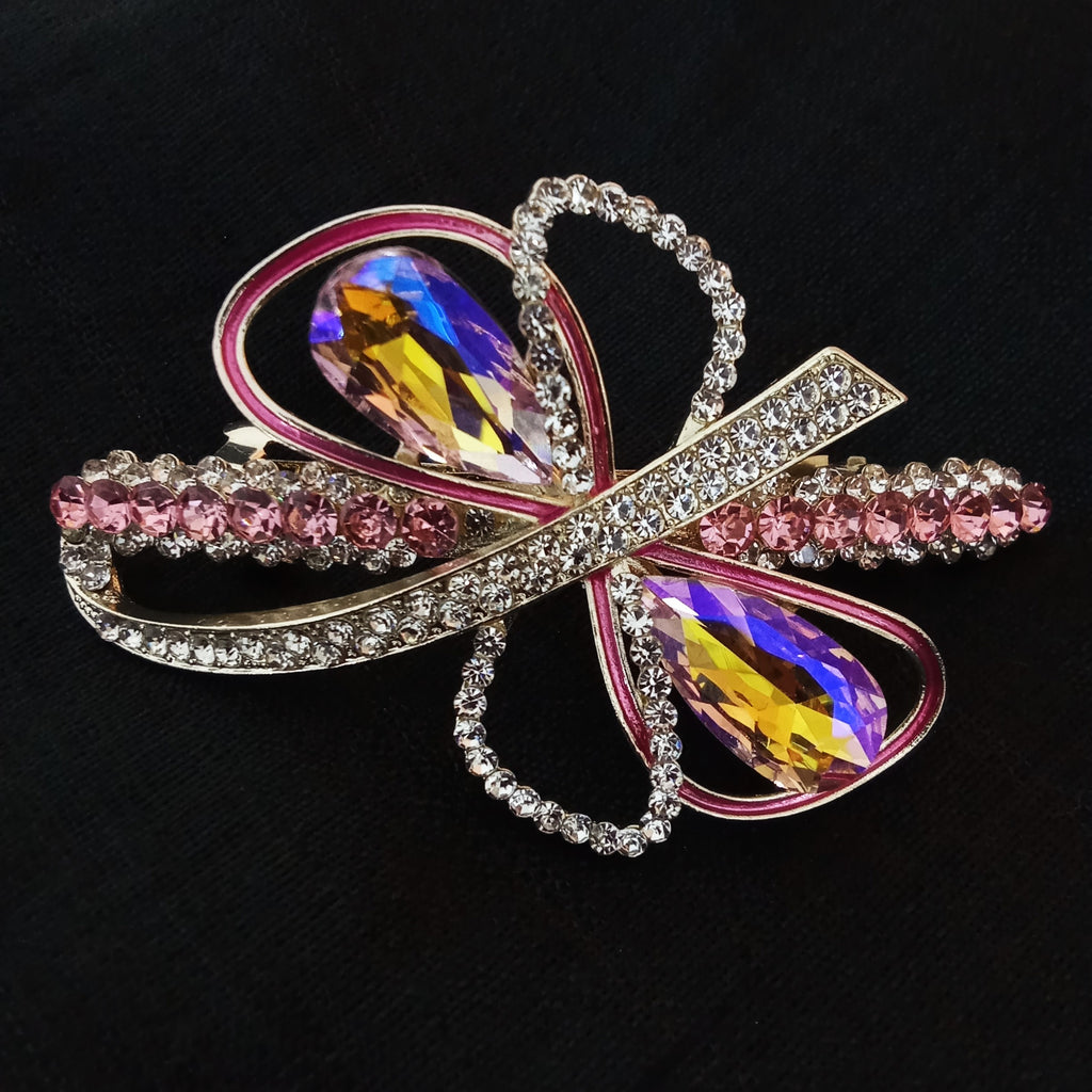 Gold-Tone Pink Crystal Bow Barrette Hair Clip