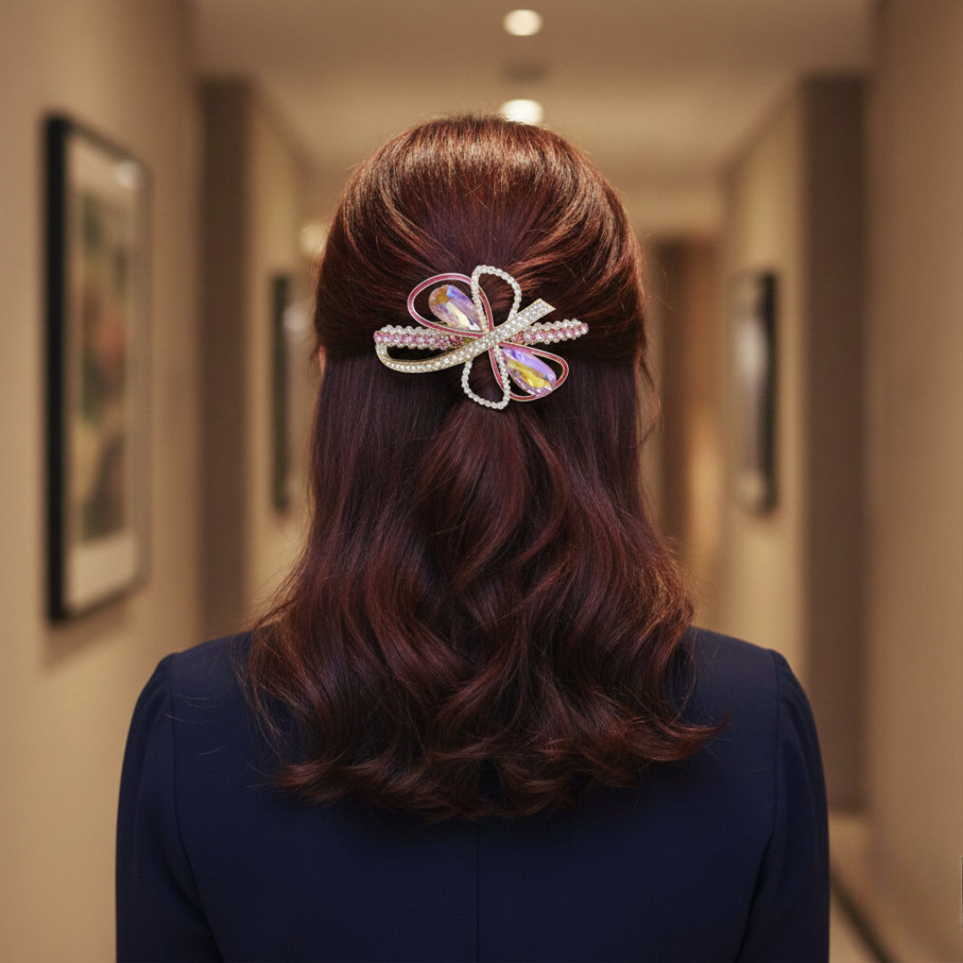 Gold-Tone Pink Crystal Bow Barrette Hair Clip