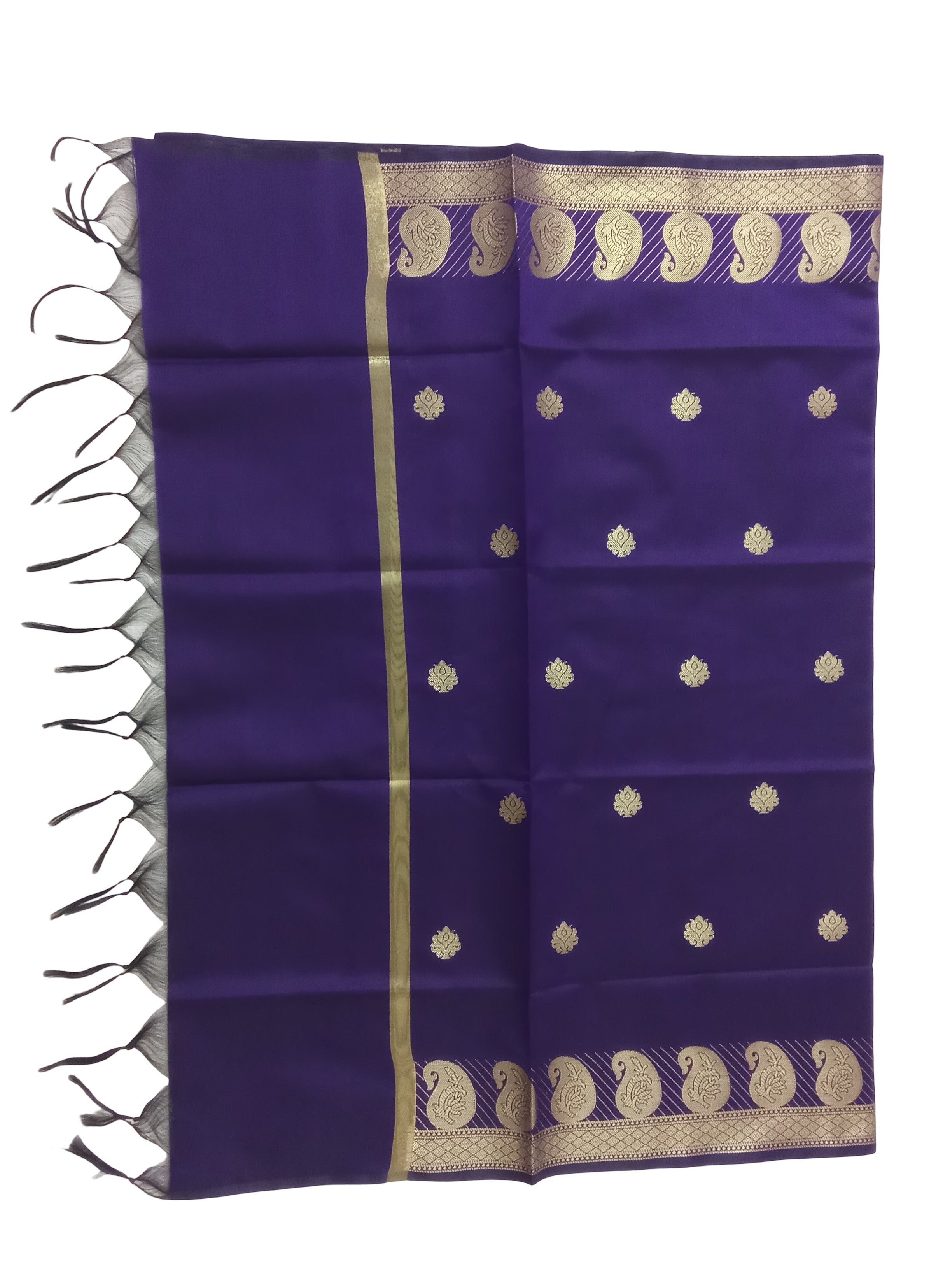 A Banarasi-inspired Purple Art Silk Dupatta with Tassels by Ladylike Accoutre, displayed on a clean white background. Features gold zari butti floral motifs and an intricate paisley border.