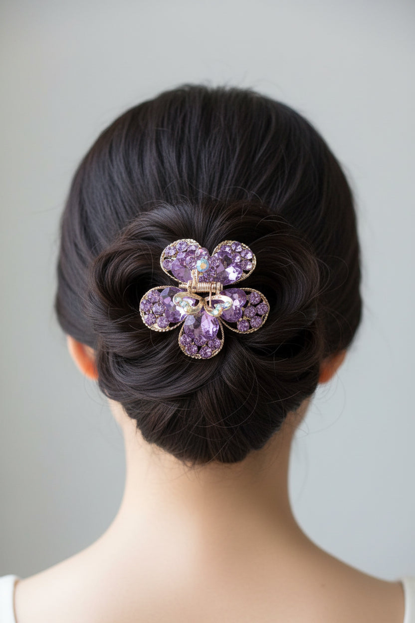 Gold-Tone Crystal Flower Hair Claw Clip – Purple