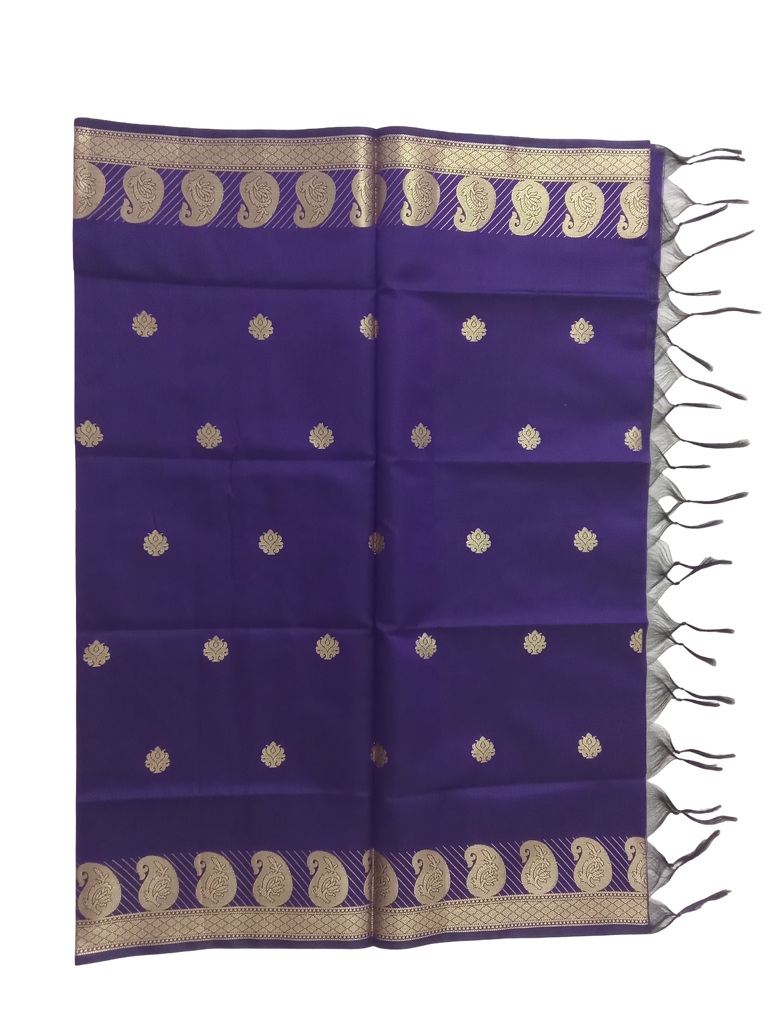 A Banarasi-inspired Purple Art Silk Dupatta with Tassels by Ladylike Accoutre, displayed on a clean white background. Features gold zari butti floral motifs and an intricate paisley border.