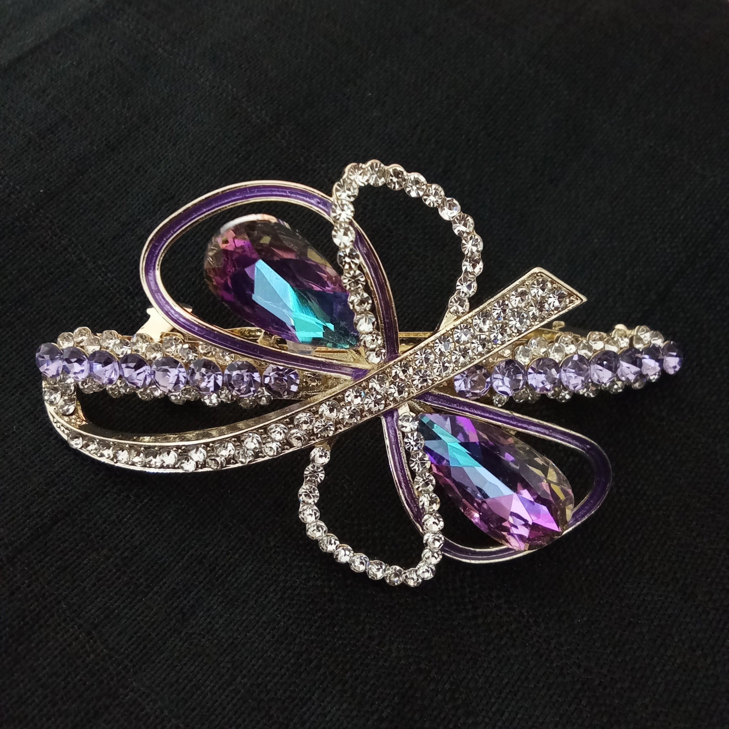 Gold-Tone Purple Crystal Bow Barrette Hair Clip