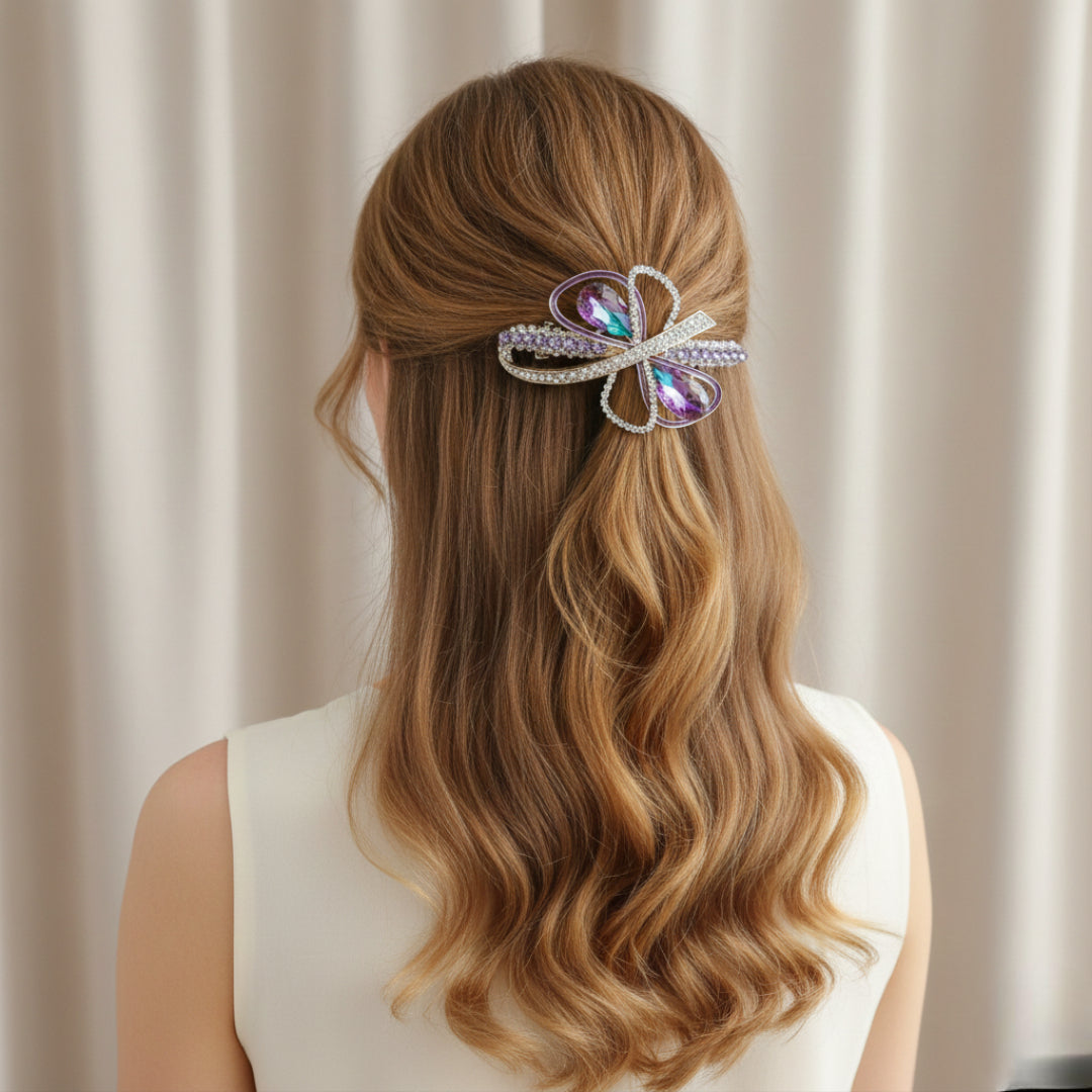 Gold-Tone Purple Crystal Bow Barrette Hair Clip