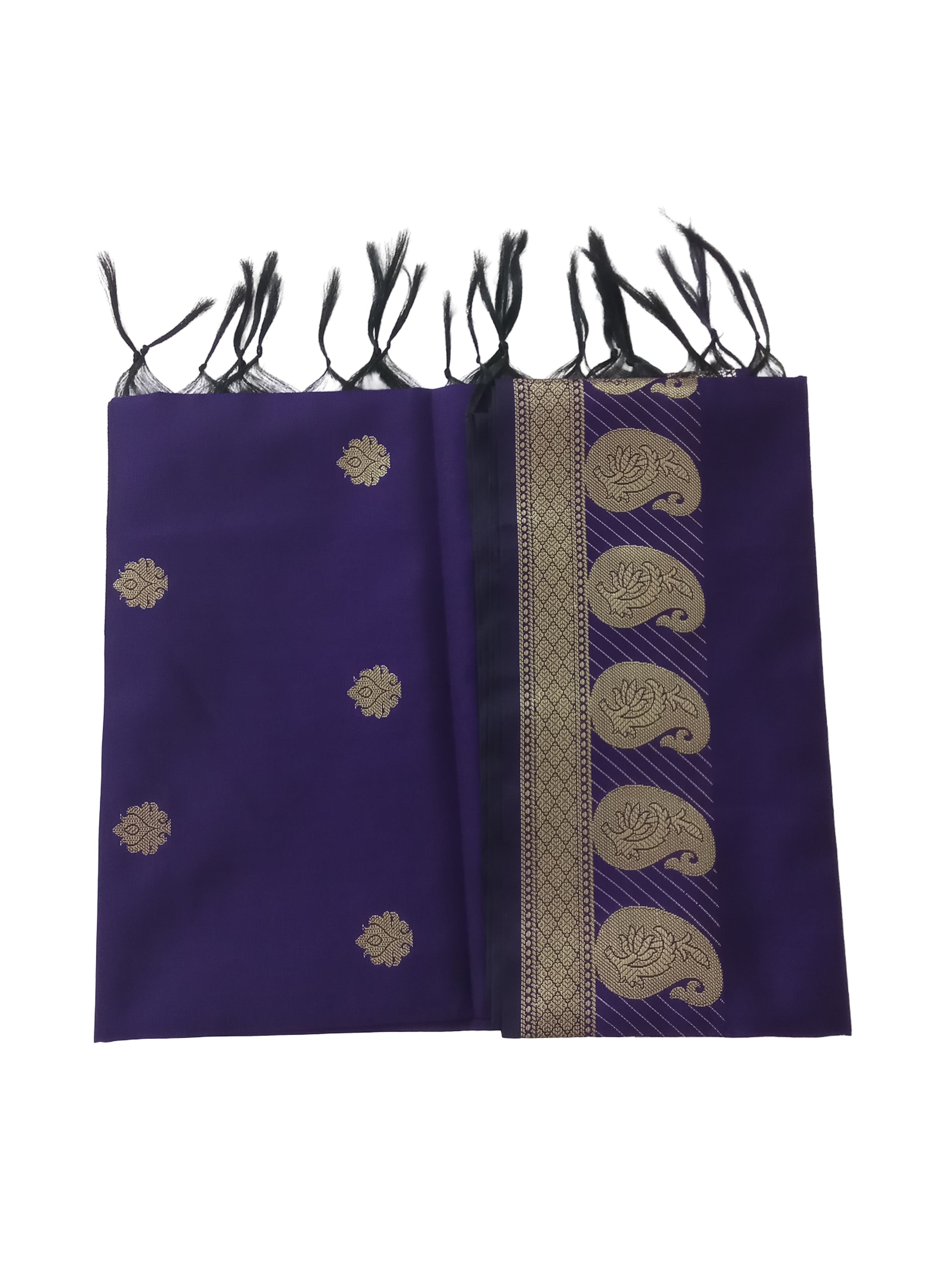 A Banarasi-inspired Purple Art Silk Dupatta with Tassels by Ladylike Accoutre, displayed on a clean white background. Features gold zari butti floral motifs and an intricate paisley border.