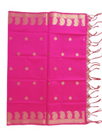 A Banarasi-inspired Rani Pink Art Silk Dupatta with Tassels by Ladylike Accoutre, displayed on a clean white background. Features gold zari butti floral motifs and an intricate paisley border.