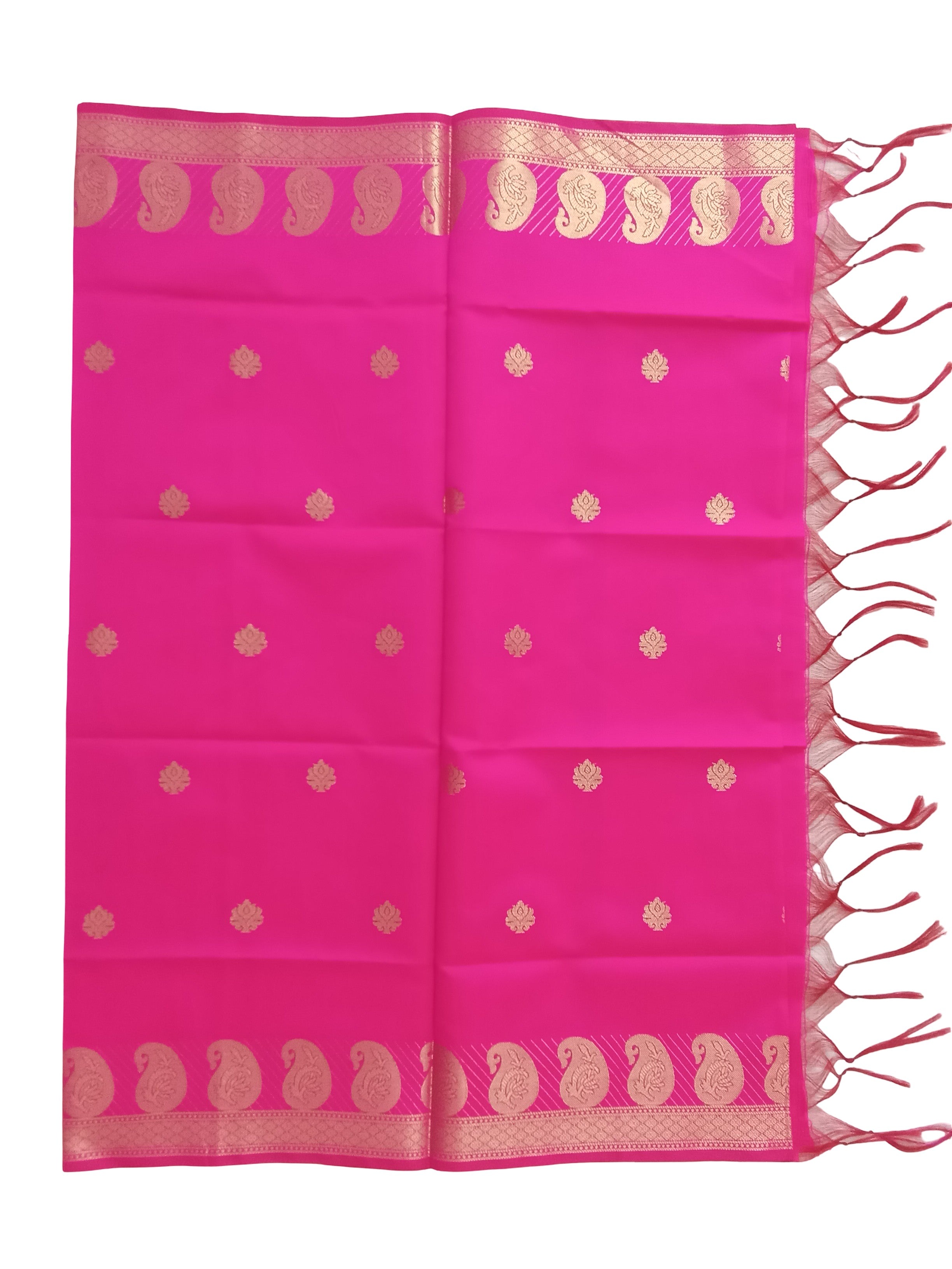 A Banarasi-inspired Rani Pink Art Silk Dupatta with Tassels by Ladylike Accoutre, displayed on a clean white background. Features gold zari butti floral motifs and an intricate paisley border.